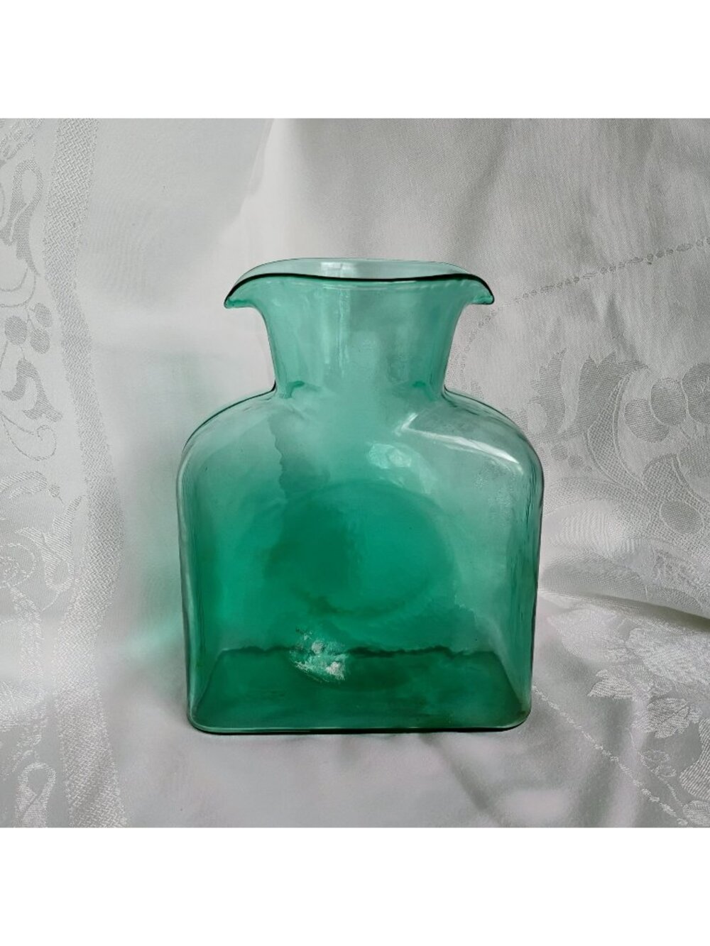 Blenko Glass Water Bottle 384, Sea Green, 1950s Sand Blasted Logo, 8" Handcrafte